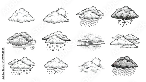 Photos Hand-drawn weather icons with clouds and precipitation