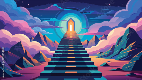Stairway to glowing portal in surreal dreamscape with vibrant clouds and mountains at night