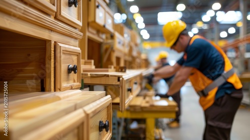 Woodworker adjusts drawers in bright warehouse