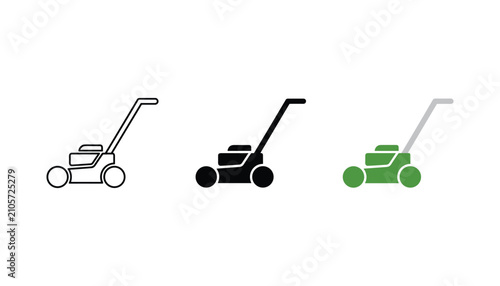 Принти на полотні Lawn mower icons set showing line art black silhouette and colored variant for l