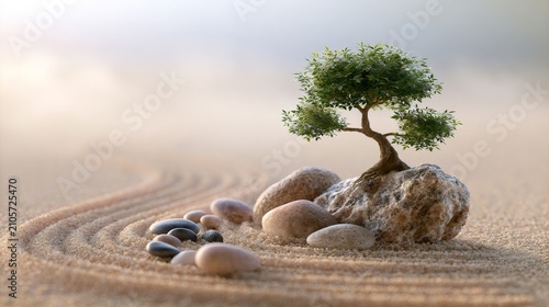 Serene tree grows atop a stone in a tranquil sand garden