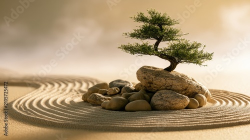 Serene bonsai tree rests atop smooth stones