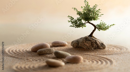 Tiny bonsai tree rests on a rock
