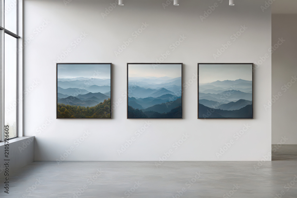 Fototapeta premium Three modern abstract landscape paintings on gallery wall isolated on transparent background