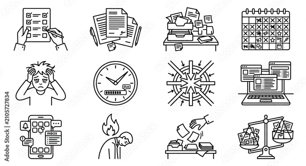 Fototapeta premium Collection of black and white line art icons for business and technology.