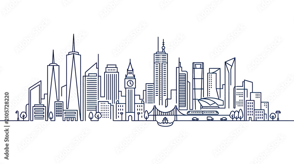 Obraz premium Modern City Skyline with Tall Buildings and Bridge Line Art
