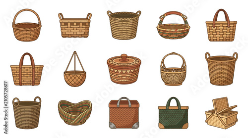 Foto Set of various woven wicker and rattan basket illustrations