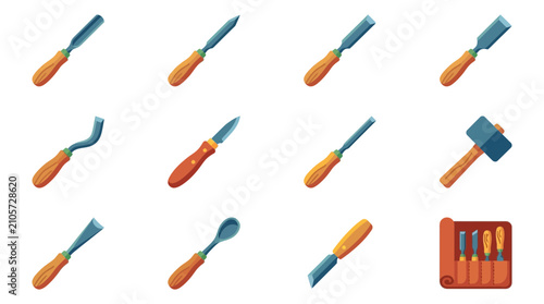 Schilderij op canvas Set of flat vector wood carving tools and carpentry chisels