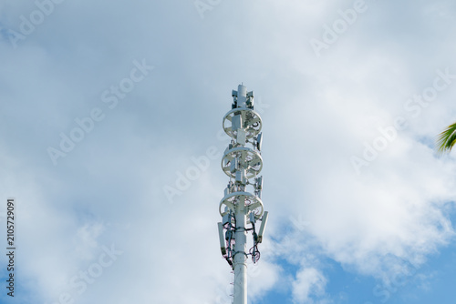 Telecom 5g antenna mounted on pole against cloudy sky