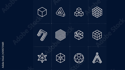 Geometric puzzle icon set. Minimal abstract shapes, modular symbols and colorful design elements for user interface, education, games and creative branding projects.