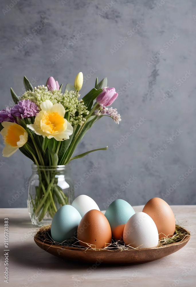 Fototapeta premium Decorative Easter eggs with spring flowers in jar