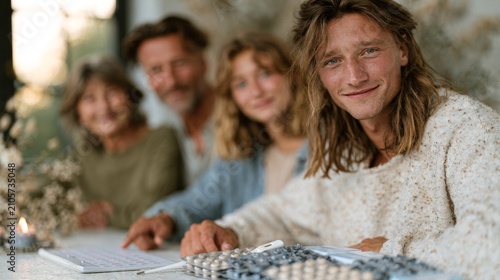 Multigenerational family at table, foregrounded by smiling young man with long hair, with notebook, calendar, pills, blister pack, phone, and candle on table