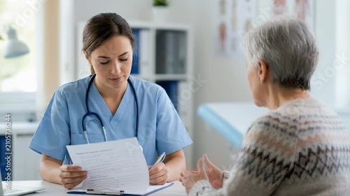 Medium shot of a nurse reviewing a patients health questionnaire with a focused expression in a softly blurred clinical office environment.