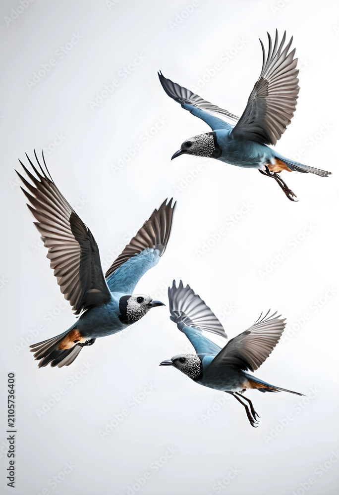 Obraz premium Three blue birds flying in studio on white background
