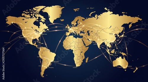 Stylized golden world map with glowing light lines representing international travel and digital connections