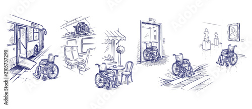 Photos Wheelchair accessibility public transport sketch illustrating mobility access across a city bus, cafe, elevator, street crosswalk, and museum, highlighting inclusive barrier free urban environments