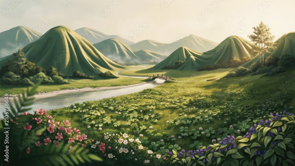 Fototapeta premium Sunlit green mountain valley landscape with a flowing river and flowers