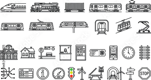 Minimalist vector line art icon set of train transportation railway logistics infrastructure and public transit navigation elements
