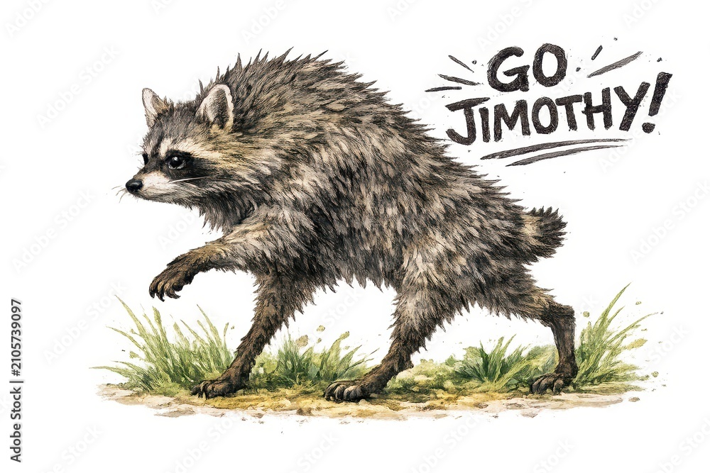 Naklejka premium A famous raccoon named Jimothy, with a congenital spine condition, runs energetically through the grass, while the phrase 