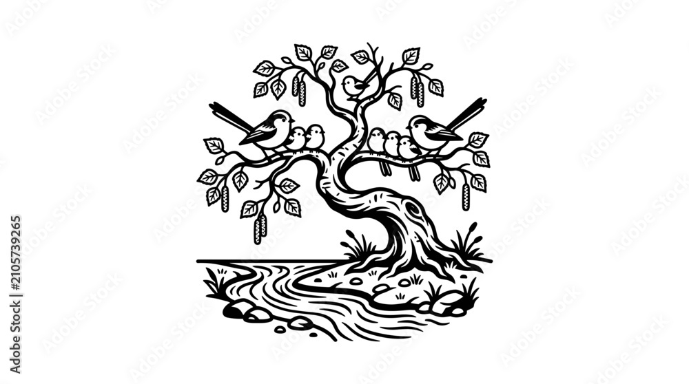 Obraz premium Stylized Tree with Birds and River Illustration.