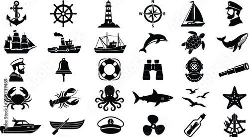 Fotografie Solid black vector glyph icon set of nautical maritime shipping marine life and