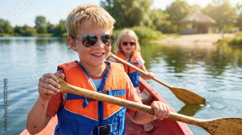 Two happy children wearing life jackets paddling a canoe on a sunny lake.