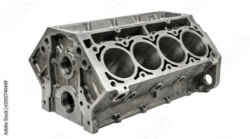 Clean aluminum V8 engine cylinder block on white.
