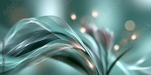 Teal and aqua translucent ribbons sweep over a soft bokeh background with circular light accents, suggesting abstract design suitable for contemporary branding visuals