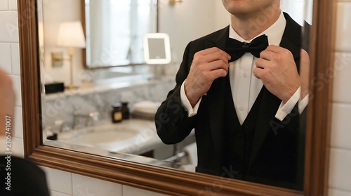 Man in elegant black tuxedo adjusting bow tie while looking in bathroom mirror preparing for formal event or wedding celebration.