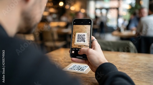 Man using smartphone to scan qr code on wooden table in a restaurant, modern technology for contactless ordering and payment.