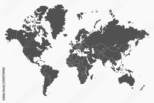 Dark gray world map silhouette on a white background depicting continents and country borders
