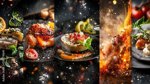 Prepared dishes with garnishes and spices a triptych of food photography with dark backgrounds and dynamic effects appetizer culinary dining foodie garnish