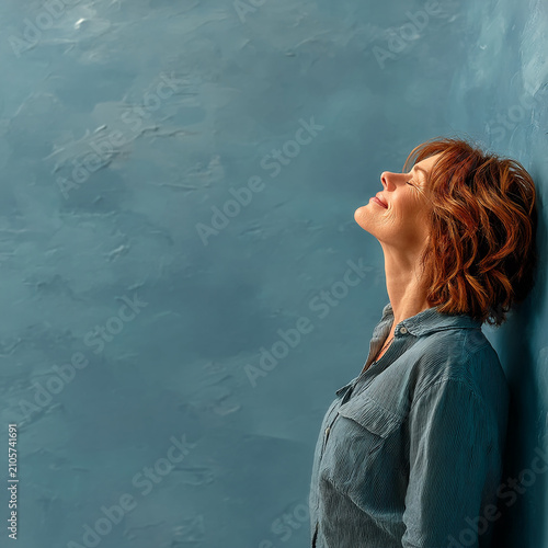 Middle aged woman leaning against blue wall with closed eyes portrait peaceful relaxation