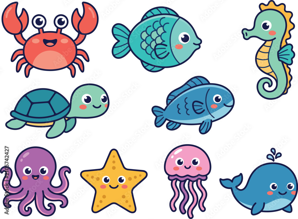 Fototapeta premium Collection of Cute Cartoon Crabs Engaged in Various Fun Activities and Hobbies on a White Background