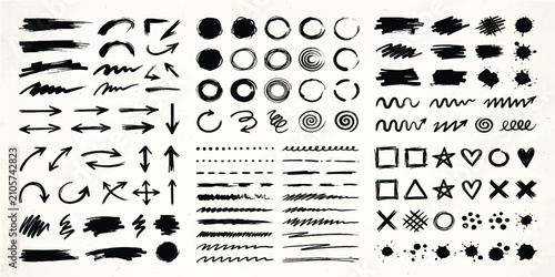 Set of hand drawn ink brush strokes arrows circles and abstract elements with collection abstract scribble ornament decoration creative isolated