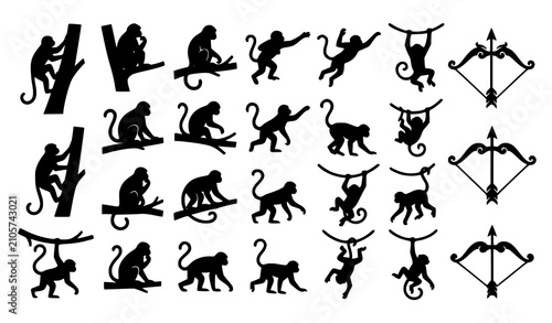 Photography Minimal Monkey Silhouettes with Decorative Bow Arrow Vector Collection
