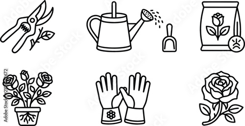 Fotografie Gardening and Floriculture Line Icon Set Featuring Pruning Shears, Watering Can,