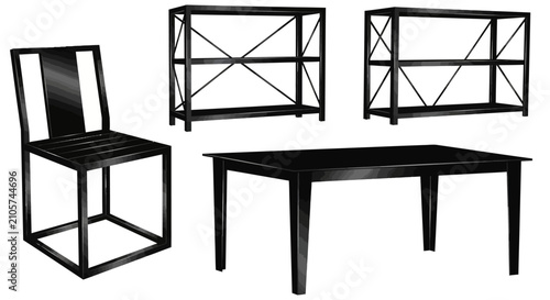 Modern black metal furniture set with chair table with arranged white background shelving units arranged