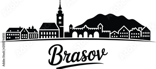 Tablou pe pânză Brasov city skyline silhouette featuring historic medieval architecture, landmar