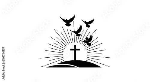 Obraz na płótnie Black silhouette of cross with doves flying with cross hill sun rays spiritualit