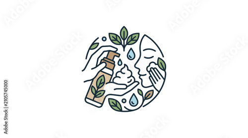 Photos Hand holding natural organic facial cleanser with leaves and foam bubbles