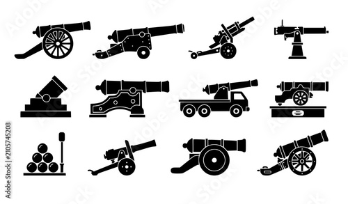 фотографія Minimal Historical Cannon Black Vector Icon Set