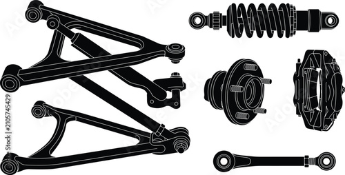 Fotografía Black silhouette set of car suspension parts and brake components isolated on wh