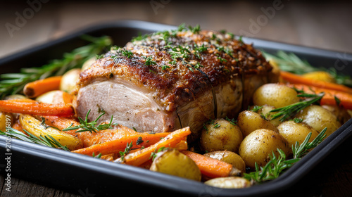 Pork Roast Surrounded by Carrots and Potatoes