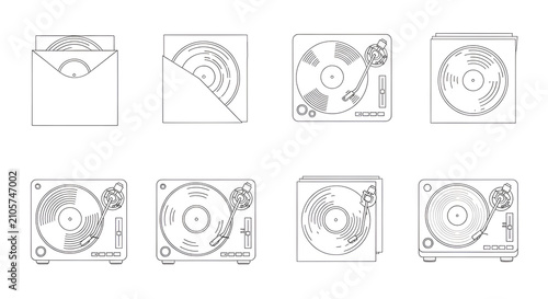 Minimalist Thin Line Art Illustration of Vinyl LP Records and Retro Turntables on White Background