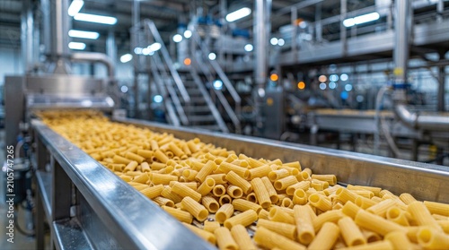 Rigatoni pasta moving through industrial production line
