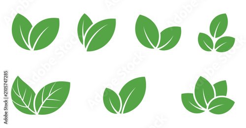 Leaf sprout icon set, green leaf and plant symbols, sustainability, vegan products, fresh herbs, organic agriculture, natural wellness branding, editable vector illustration.