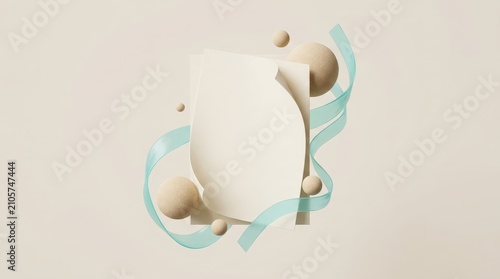 Minimal blank cream card with blue ribbon and spheres for summer sale design
