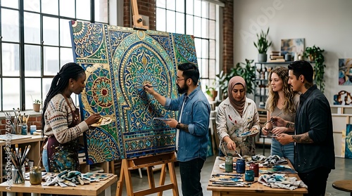 Diverse group of artists collaborating on a large scale painting