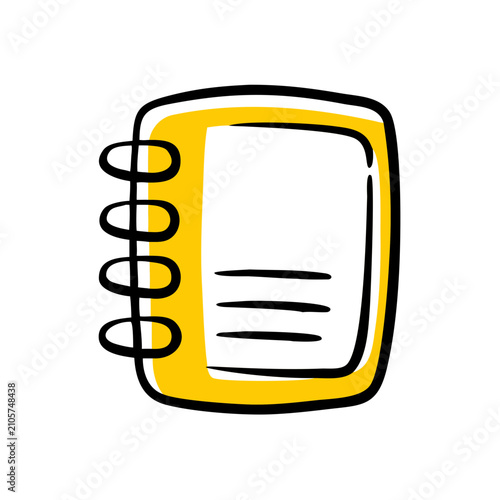 Hand drawn notebook icon. Yellow spiral notepad sketch for school or office design.